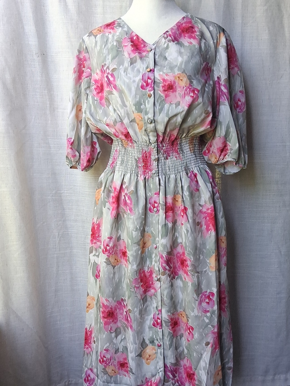 StyleList by Micaela Button Front Midi Dress WatercolorFlral XS Green Pink